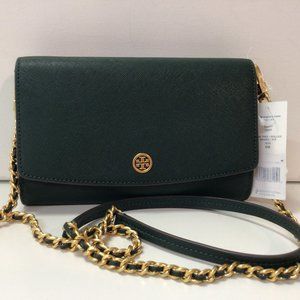 Tory Burch Robinson Pine Tree Rolled Brass Wallet on Chain/Crossbody Bag